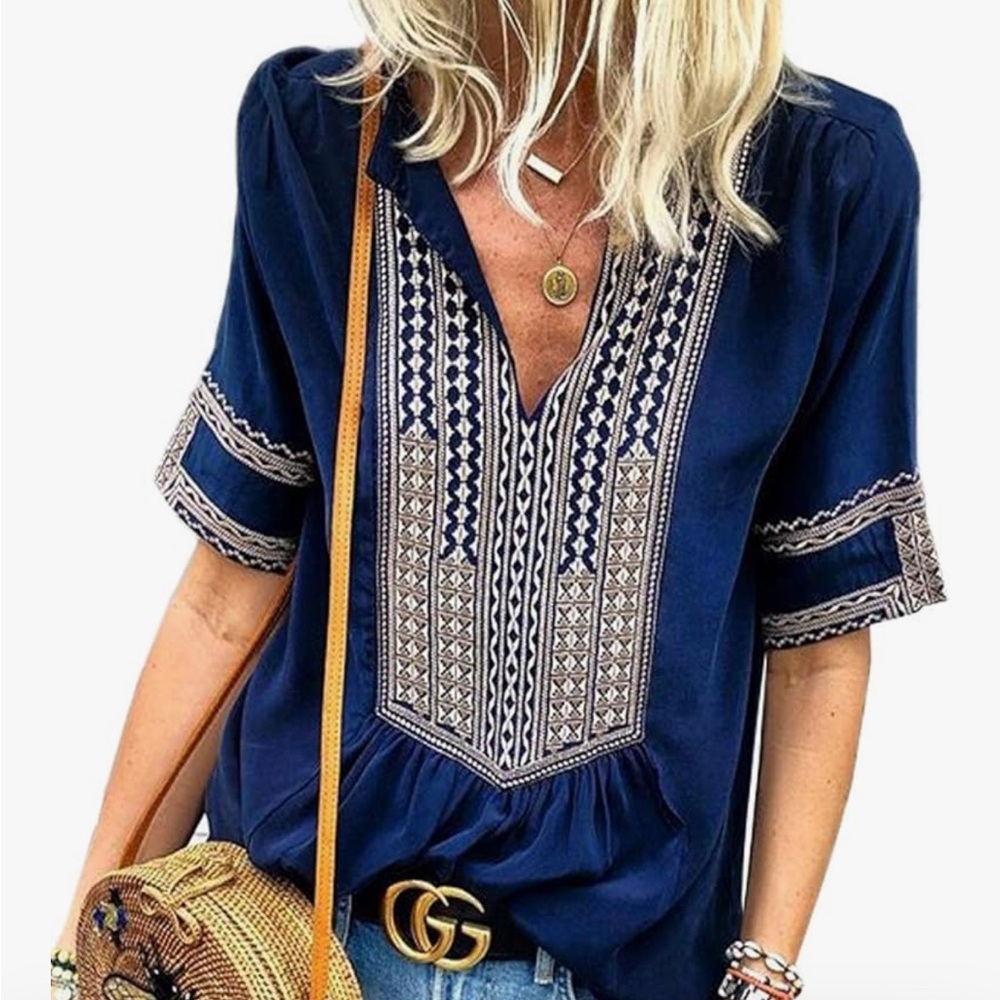 Elegant Bohemian Cobalt Blue Blouse with White Embroidery